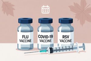 Illustration of flu, COVID-19, and RSV vaccine vials with a syringe, representing fall respiratory vaccine season.